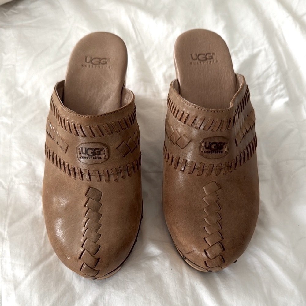UGG Tan Leather Heeled Wooden Clogs with Woven Design